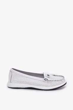 Outlet Skórzane Mokasyny Damskie S.Barski LR51-673 Białe Damskie Loafersy Damskie|Mokasyny Damskie Skórzane