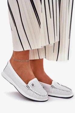 Outlet Skórzane Mokasyny Damskie S.Barski LR51-673 Białe Damskie Loafersy Damskie|Mokasyny Damskie Skórzane