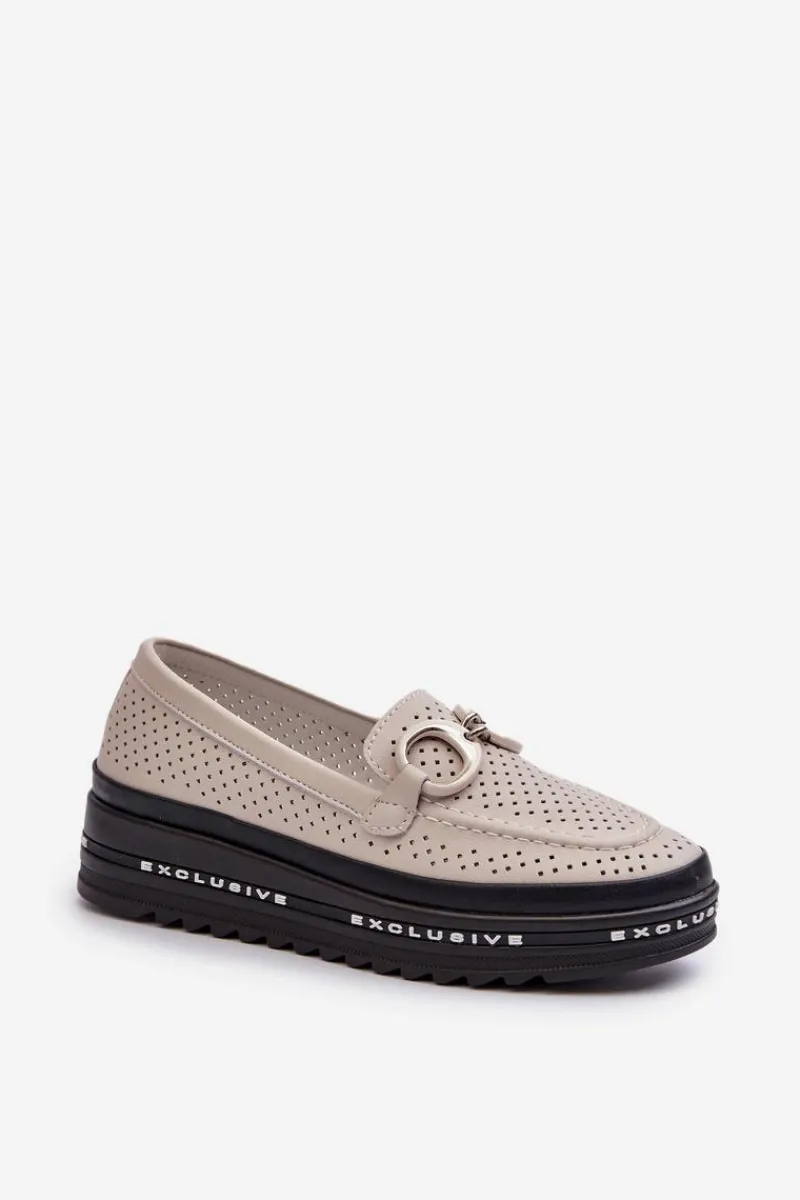 Discount Skórzane Mokasyny Damskie Na Platformie Z Ozdobą S.Barski LR750 Beżowe Damskie Loafersy Damskie|Mokasyny Damskie Skórzane