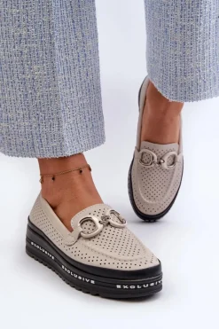 Discount Skórzane Mokasyny Damskie Na Platformie Z Ozdobą S.Barski LR750 Beżowe Damskie Loafersy Damskie|Mokasyny Damskie Skórzane