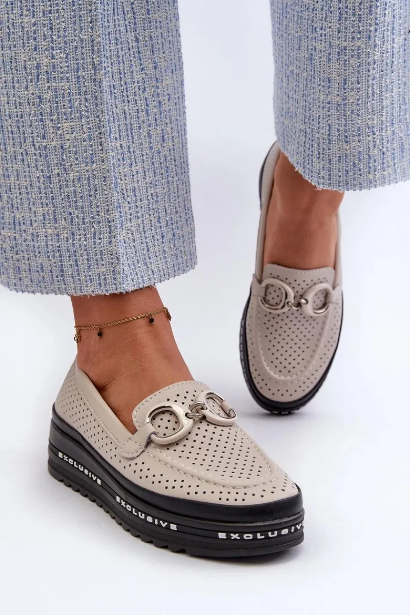 Discount Skórzane Mokasyny Damskie Na Platformie Z Ozdobą S.Barski LR750 Beżowe Damskie Loafersy Damskie|Mokasyny Damskie Skórzane