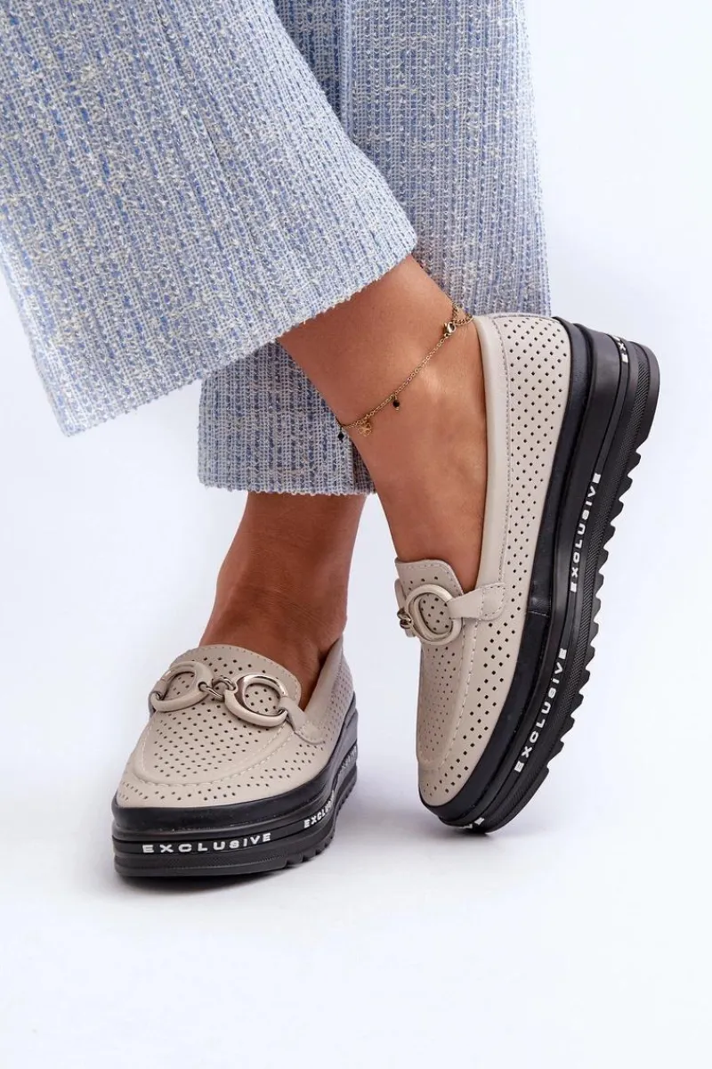 Discount Skórzane Mokasyny Damskie Na Platformie Z Ozdobą S.Barski LR750 Beżowe Damskie Loafersy Damskie|Mokasyny Damskie Skórzane