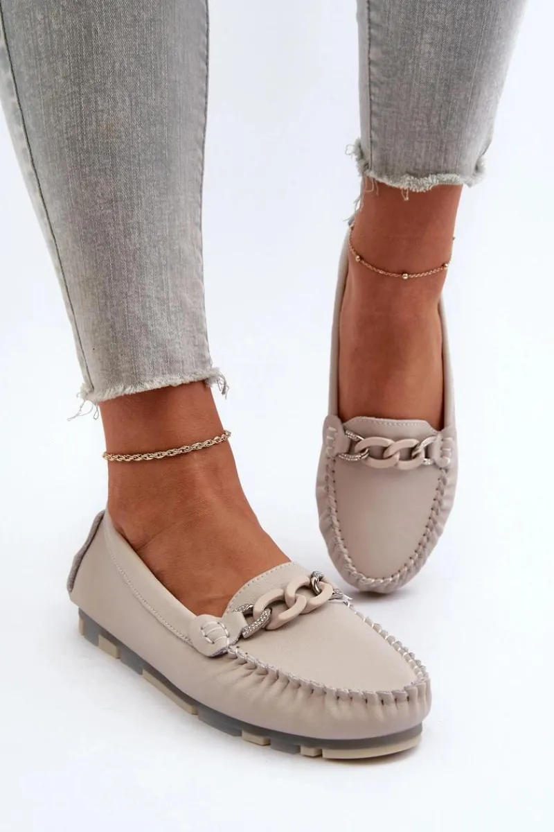 Hot Skórzane Mokasyny Damskie Z Ozdobą Beżowe S.Barski LR339 Damskie Loafersy Damskie|Mokasyny Damskie Skórzane