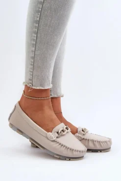 Hot Skórzane Mokasyny Damskie Z Ozdobą Beżowe S.Barski LR339 Damskie Loafersy Damskie|Mokasyny Damskie Skórzane