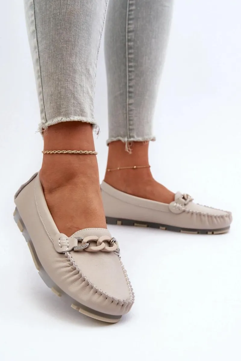 Hot Skórzane Mokasyny Damskie Z Ozdobą Beżowe S.Barski LR339 Damskie Loafersy Damskie|Mokasyny Damskie Skórzane