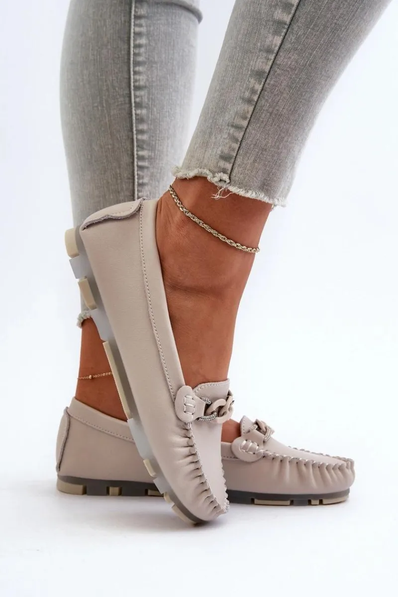 Hot Skórzane Mokasyny Damskie Z Ozdobą Beżowe S.Barski LR339 Damskie Loafersy Damskie|Mokasyny Damskie Skórzane