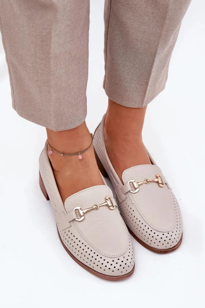 Best Skórzane Mokasyny Damskie Z Ozdobą Na Płaskim Obcasie S.Barski LR51-588 Beżowe Damskie Mokasyny Płaskie|Mokasyny Damskie Skórzane