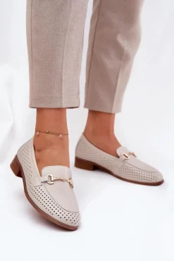 Best Skórzane Mokasyny Damskie Z Ozdobą Na Płaskim Obcasie S.Barski LR51-588 Beżowe Damskie Mokasyny Płaskie|Mokasyny Damskie Skórzane