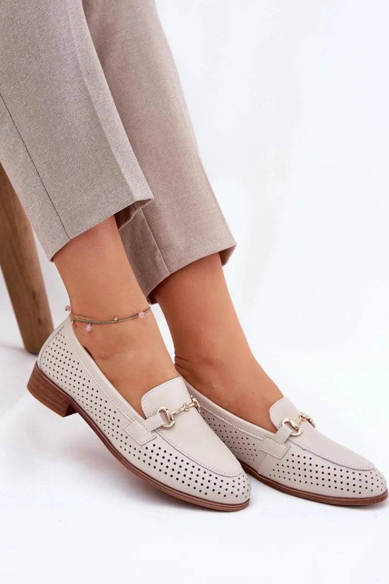 Best Skórzane Mokasyny Damskie Z Ozdobą Na Płaskim Obcasie S.Barski LR51-588 Beżowe Damskie Mokasyny Płaskie|Mokasyny Damskie Skórzane