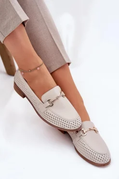 Best Skórzane Mokasyny Damskie Z Ozdobą Na Płaskim Obcasie S.Barski LR51-588 Beżowe Damskie Mokasyny Płaskie|Mokasyny Damskie Skórzane