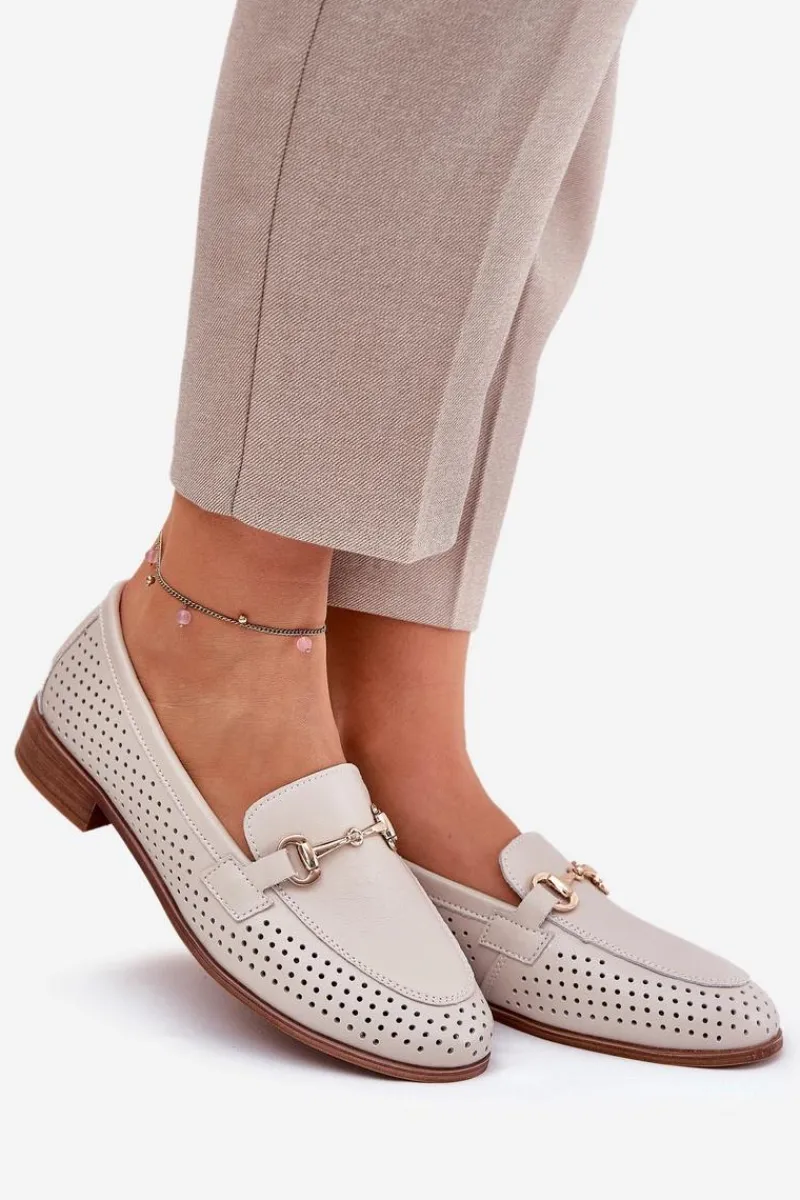 Best Skórzane Mokasyny Damskie Z Ozdobą Na Płaskim Obcasie S.Barski LR51-588 Beżowe Damskie Mokasyny Płaskie|Mokasyny Damskie Skórzane