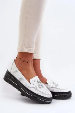 Online Evento Skórzane Mokasyny Damskie Na Platformie Białe Assetnima Biały