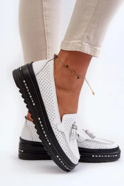 Online Evento Skórzane Mokasyny Damskie Na Platformie Białe Assetnima Biały