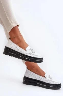 Online Evento Skórzane Mokasyny Damskie Na Platformie Białe Assetnima Biały
