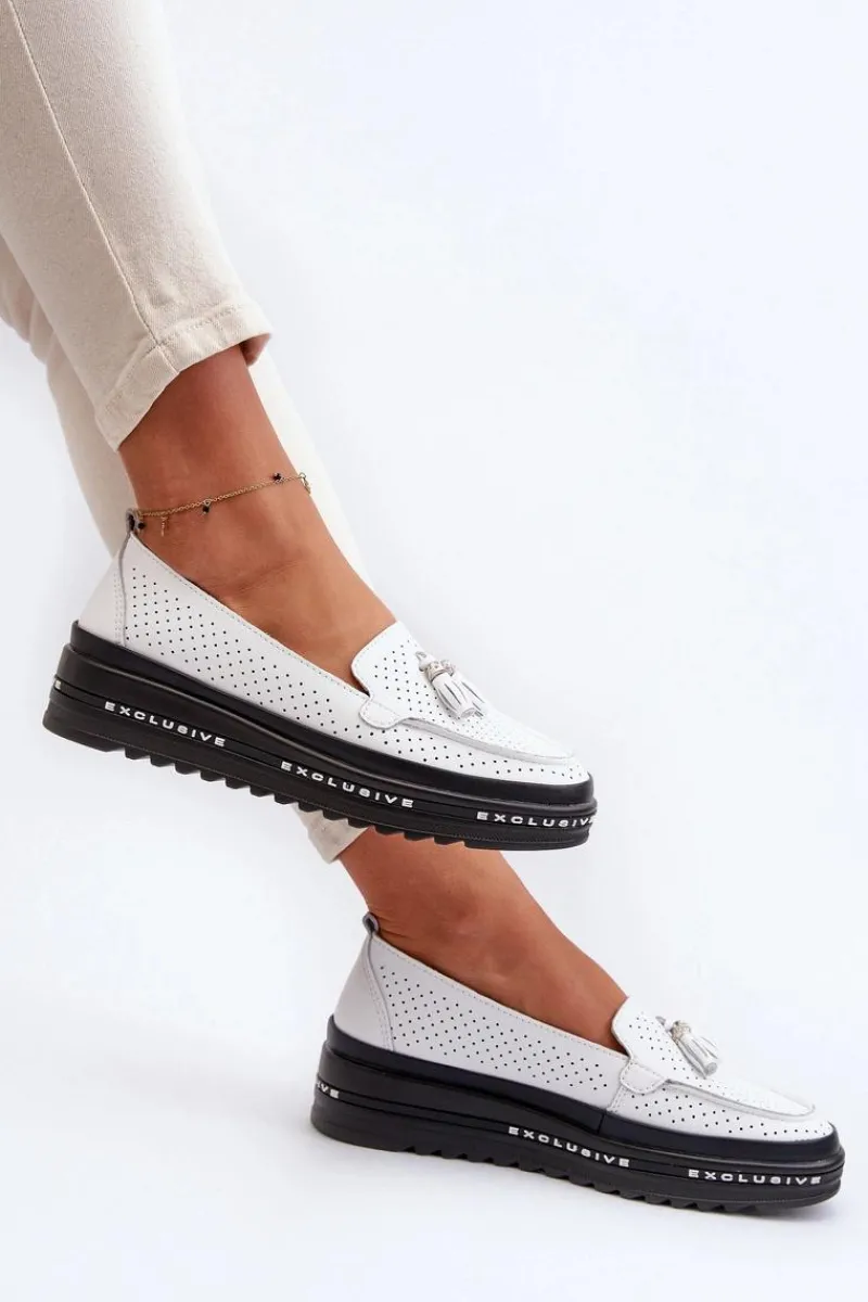 Online Evento Skórzane Mokasyny Damskie Na Platformie Białe Assetnima Biały