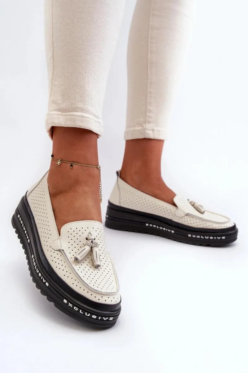 Clearance Skórzane Mokasyny Damskie Na Platformie Beżowe Assetnima Damskie Loafersy Damskie|Mokasyny Damskie Skórzane