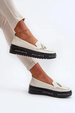 Clearance Skórzane Mokasyny Damskie Na Platformie Beżowe Assetnima Damskie Loafersy Damskie|Mokasyny Damskie Skórzane