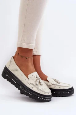 Clearance Skórzane Mokasyny Damskie Na Platformie Beżowe Assetnima Damskie Loafersy Damskie|Mokasyny Damskie Skórzane