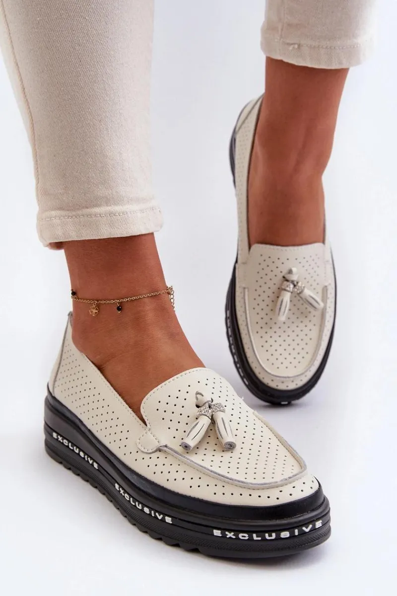 Clearance Skórzane Mokasyny Damskie Na Platformie Beżowe Assetnima Damskie Loafersy Damskie|Mokasyny Damskie Skórzane