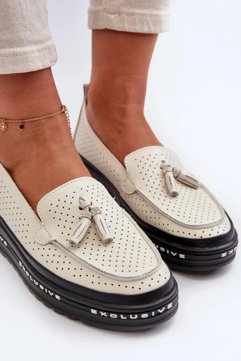 Clearance Skórzane Mokasyny Damskie Na Platformie Beżowe Assetnima Damskie Loafersy Damskie|Mokasyny Damskie Skórzane