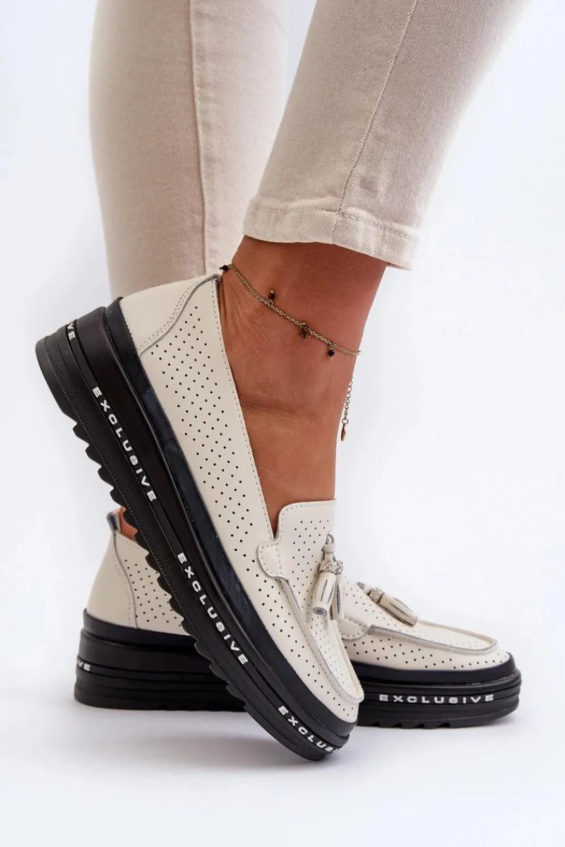 Clearance Skórzane Mokasyny Damskie Na Platformie Beżowe Assetnima Damskie Loafersy Damskie|Mokasyny Damskie Skórzane