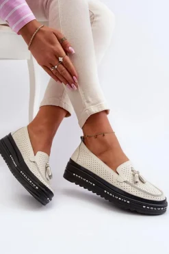 Clearance Skórzane Mokasyny Damskie Na Platformie Beżowe Assetnima Damskie Loafersy Damskie|Mokasyny Damskie Skórzane