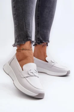 Loafersy Damskie|Mokasyny Damskie Skórzane></noscript>Damskie buty S.Barski Skórzane Mokasyny Damskie Na Platformie Jasnoszare S.Barski LR490 Szary