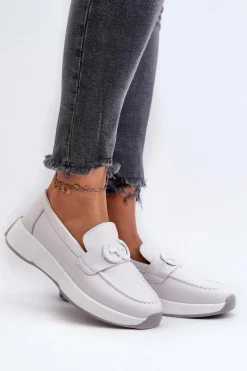 Loafersy Damskie|Mokasyny Damskie Skórzane></noscript>Damskie buty S.Barski Skórzane Mokasyny Damskie Na Platformie Jasnoszare S.Barski LR490 Szary