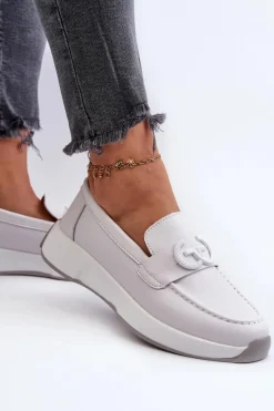 Loafersy Damskie|Mokasyny Damskie Skórzane></noscript>Damskie buty S.Barski Skórzane Mokasyny Damskie Na Platformie Jasnoszare S.Barski LR490 Szary