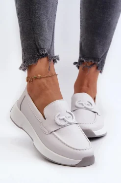 Loafersy Damskie|Mokasyny Damskie Skórzane></noscript>Damskie buty S.Barski Skórzane Mokasyny Damskie Na Platformie Jasnoszare S.Barski LR490 Szary