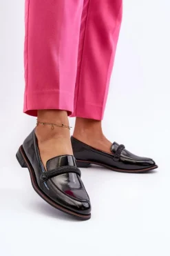 Sale Skórzane Mokasyny Damskie Z Ozdobnym Paseczkiem Lakierowane Czarne Saosin Damskie Półbuty Skórzane|Mokasyny Damskie Lakierowane