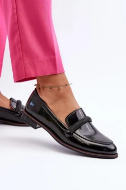 Sale Skórzane Mokasyny Damskie Z Ozdobnym Paseczkiem Lakierowane Czarne Saosin Damskie Półbuty Skórzane|Mokasyny Damskie Lakierowane