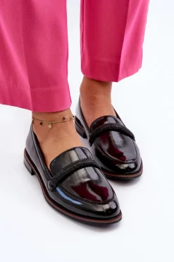 Sale Skórzane Mokasyny Damskie Z Ozdobnym Paseczkiem Lakierowane Czarne Saosin Damskie Półbuty Skórzane|Mokasyny Damskie Lakierowane