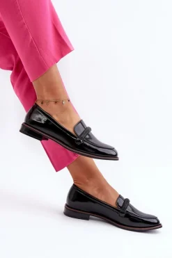 Sale Skórzane Mokasyny Damskie Z Ozdobnym Paseczkiem Lakierowane Czarne Saosin Damskie Półbuty Skórzane|Mokasyny Damskie Lakierowane