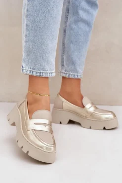 Online Skórzane Mokasyny Damskie Na Platformie I Płaskim Obcasie 20191 Złote Damskie Loafersy Damskie|Mokasyny Płaskie