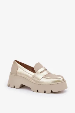 Online Skórzane Mokasyny Damskie Na Platformie I Płaskim Obcasie 20191 Złote Damskie Loafersy Damskie|Mokasyny Płaskie