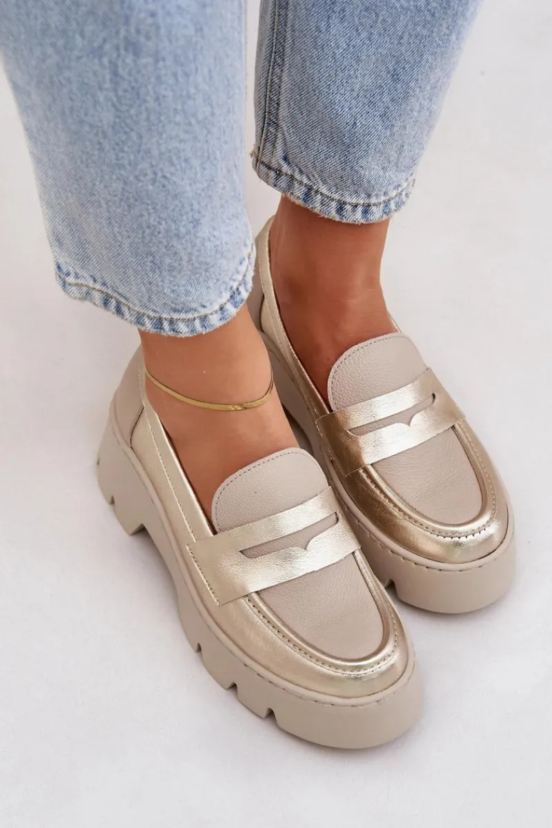 Online Skórzane Mokasyny Damskie Na Platformie I Płaskim Obcasie 20191 Złote Damskie Loafersy Damskie|Mokasyny Płaskie