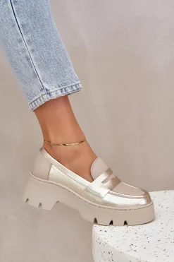 Online Skórzane Mokasyny Damskie Na Platformie I Płaskim Obcasie 20191 Złote Damskie Loafersy Damskie|Mokasyny Płaskie