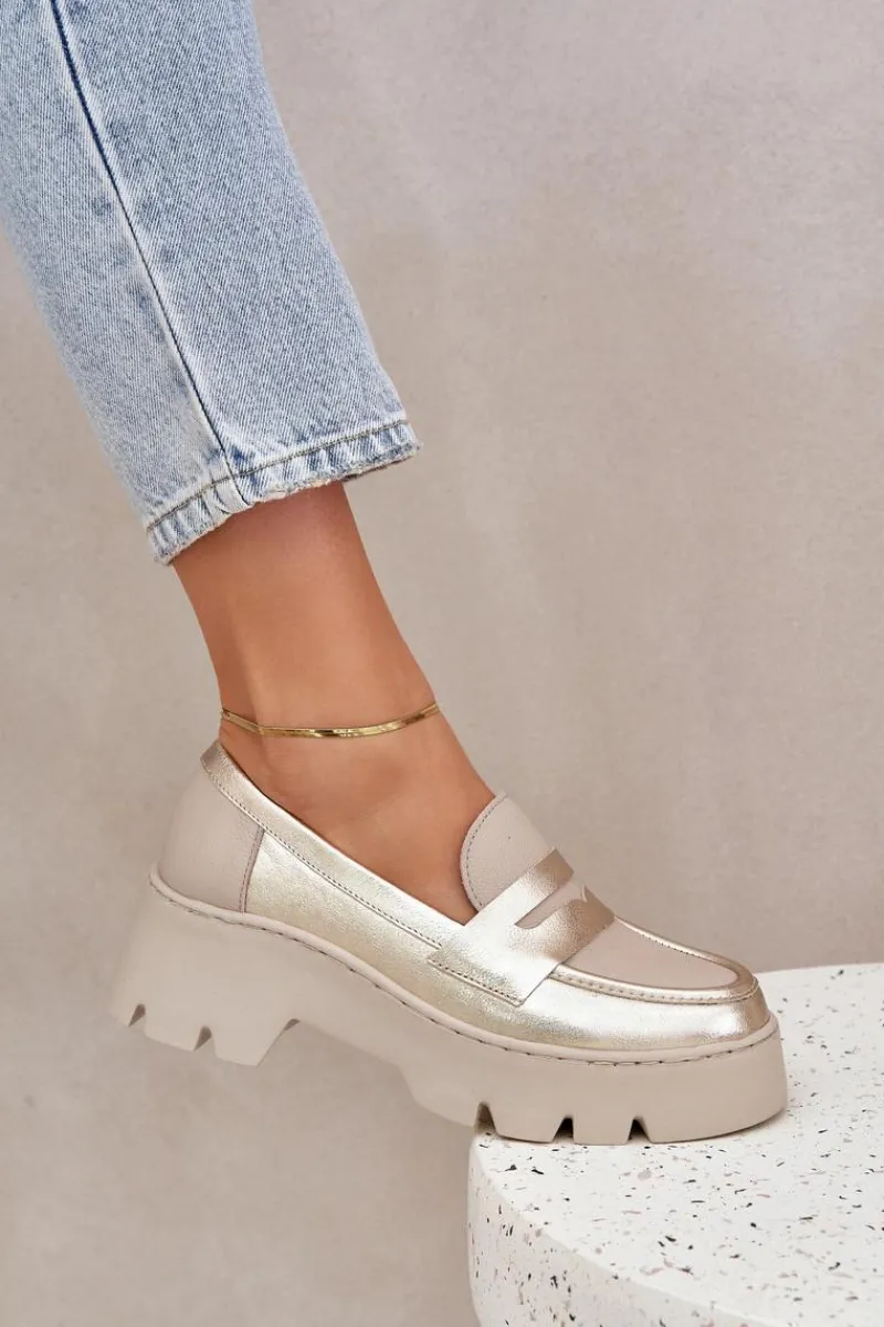 Online Skórzane Mokasyny Damskie Na Platformie I Płaskim Obcasie 20191 Złote Damskie Loafersy Damskie|Mokasyny Płaskie