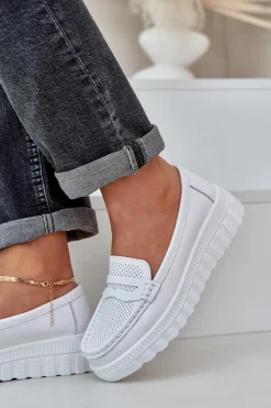 Discount Evento Skórzane Mokasyny Damskie Na Platformie I Koturnie Białe Elanindel Biały