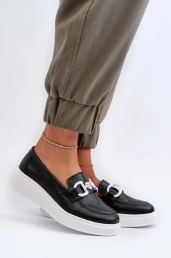 Loafersy Damskie|Mokasyny Damskie Skórzane>Damskie buty S.Barski Skórzane Mokasyny Damskie Na Platformie Czarne S.Barski LR720 Czarny