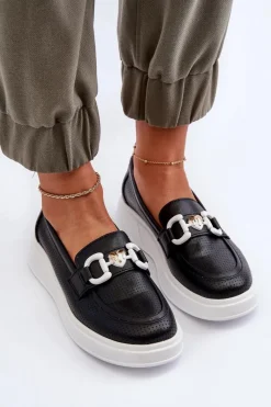 Loafersy Damskie|Mokasyny Damskie Skórzane></noscript>Damskie buty S.Barski Skórzane Mokasyny Damskie Na Platformie Czarne S.Barski LR720 Czarny