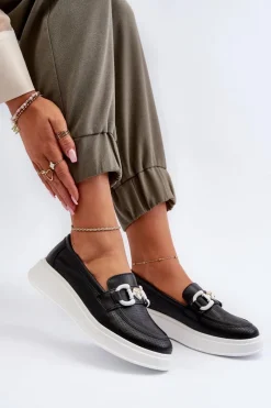 Loafersy Damskie|Mokasyny Damskie Skórzane></noscript>Damskie buty S.Barski Skórzane Mokasyny Damskie Na Platformie Czarne S.Barski LR720 Czarny