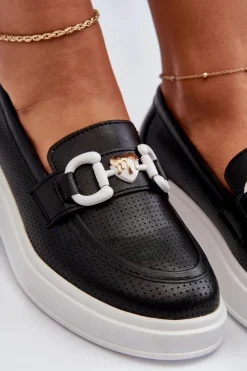 Loafersy Damskie|Mokasyny Damskie Skórzane></noscript>Damskie buty S.Barski Skórzane Mokasyny Damskie Na Platformie Czarne S.Barski LR720 Czarny