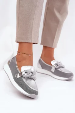 Mokasyny Damskie Skórzane|Mokasyny Na Platformie>Damskie buty S.Barski Skórzane Mokasyny Damskie Z Ozdobą D&A LR51-966 Srebrne