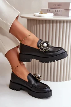 Online Skórzane Mokasyny Damskie Ozdobione Kwiatkiem Czarne 4520 Damskie Mokasyny Damskie Skórzane