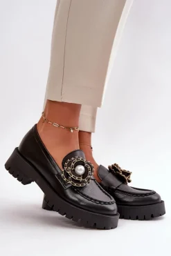 Online Skórzane Mokasyny Damskie Ozdobione Kwiatkiem Czarne 4520 Damskie Mokasyny Damskie Skórzane