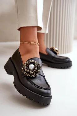 Online Skórzane Mokasyny Damskie Ozdobione Kwiatkiem Czarne 4520 Damskie Mokasyny Damskie Skórzane