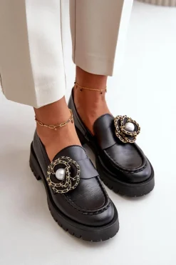 Online Skórzane Mokasyny Damskie Ozdobione Kwiatkiem Czarne 4520 Damskie Mokasyny Damskie Skórzane