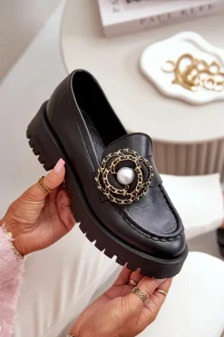 Online Skórzane Mokasyny Damskie Ozdobione Kwiatkiem Czarne 4520 Damskie Mokasyny Damskie Skórzane